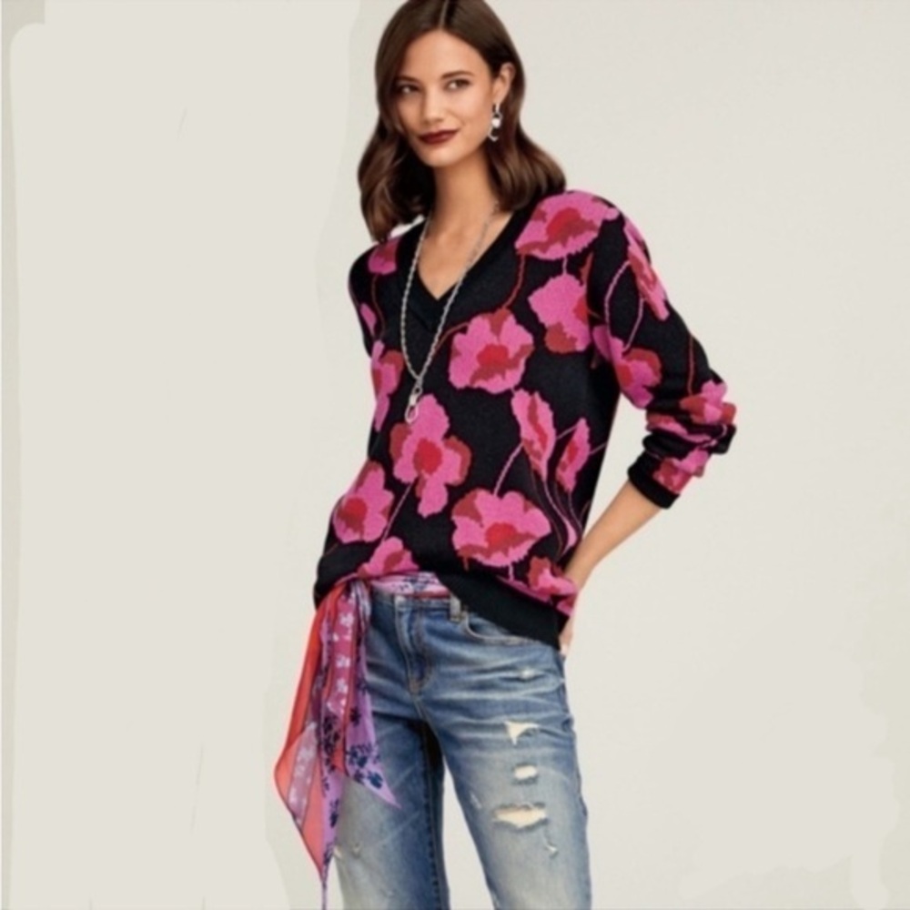 CAbi Black Sweater with Pink Floral V-Neck